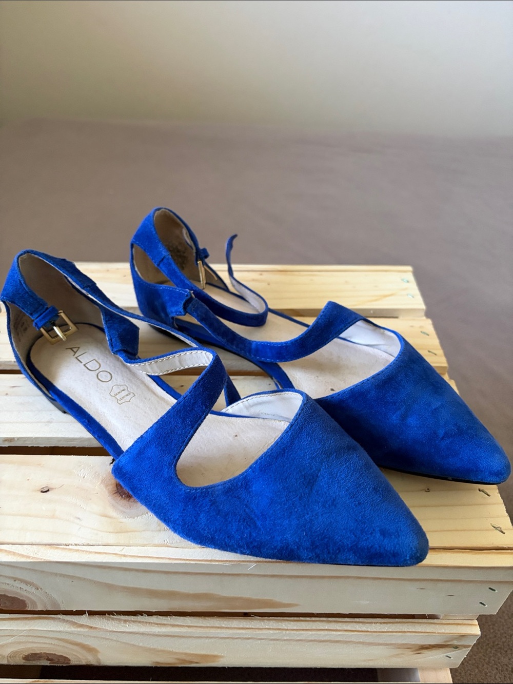 Aldo Cobalt Blue Pointed-Toe Suede Flats with Ankle Straps